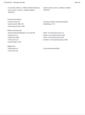 Beko Induktions-Kochfeld HII64400MT Autark Datenblatt Hersteller 1