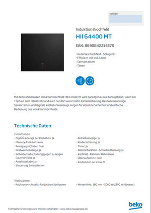 Beko Induktions-Kochfeld HII64400MT Autark Datenblatt Hersteller