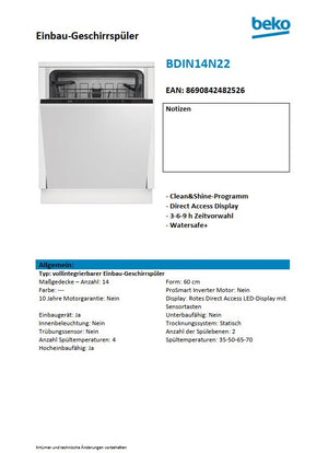 Beko Spülmaschine Geschirrspüler BDIN14N22 60 cm vollint. Datenblatt Hersteller