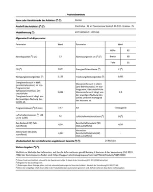 Produktdatenblatt für Geschirrspüler von Elektrolux