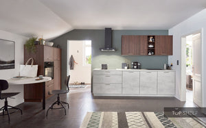 nobilia Küchenzeile Riva 840 Nussbaum mit Akzent Weißbeton Unterschränke 390 x 285 cm konfigurierbar mit E-Geräten