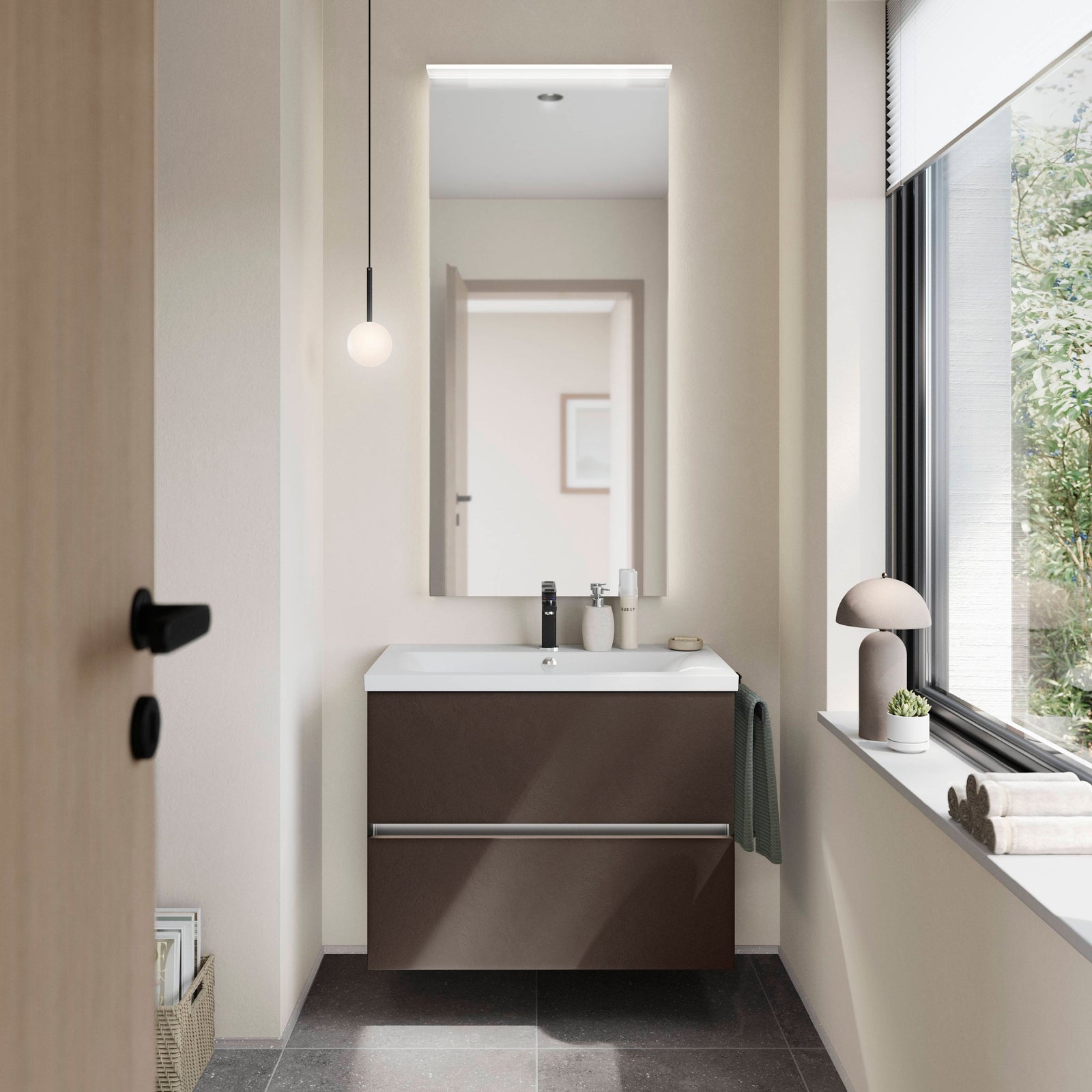 Gäste-WC, weißer Spülstein und kaffeefarbener Unterschrank
