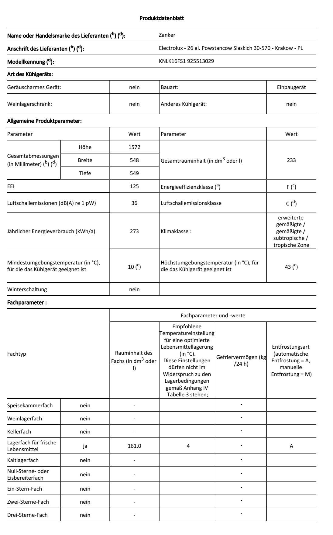 Produktdatenblatt 1 Kühl-Gefrier-Kombination