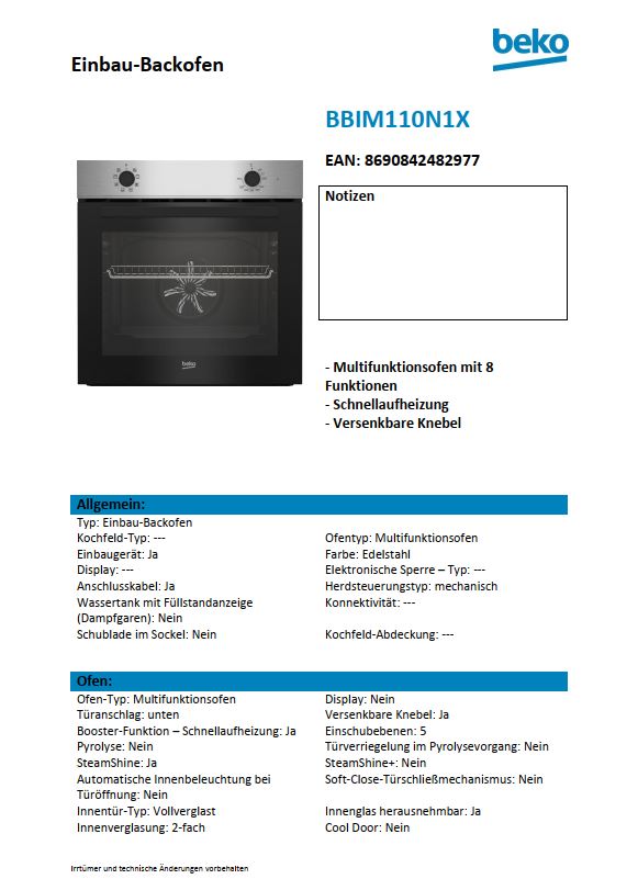 Beko Einbau-Backofen BBIM110N1X Datenblatt Hersteller