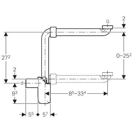 Geberit Raumsparsiphon Waschtisch Unterschrank Siphon 32mm x1114 Abgang horizontal