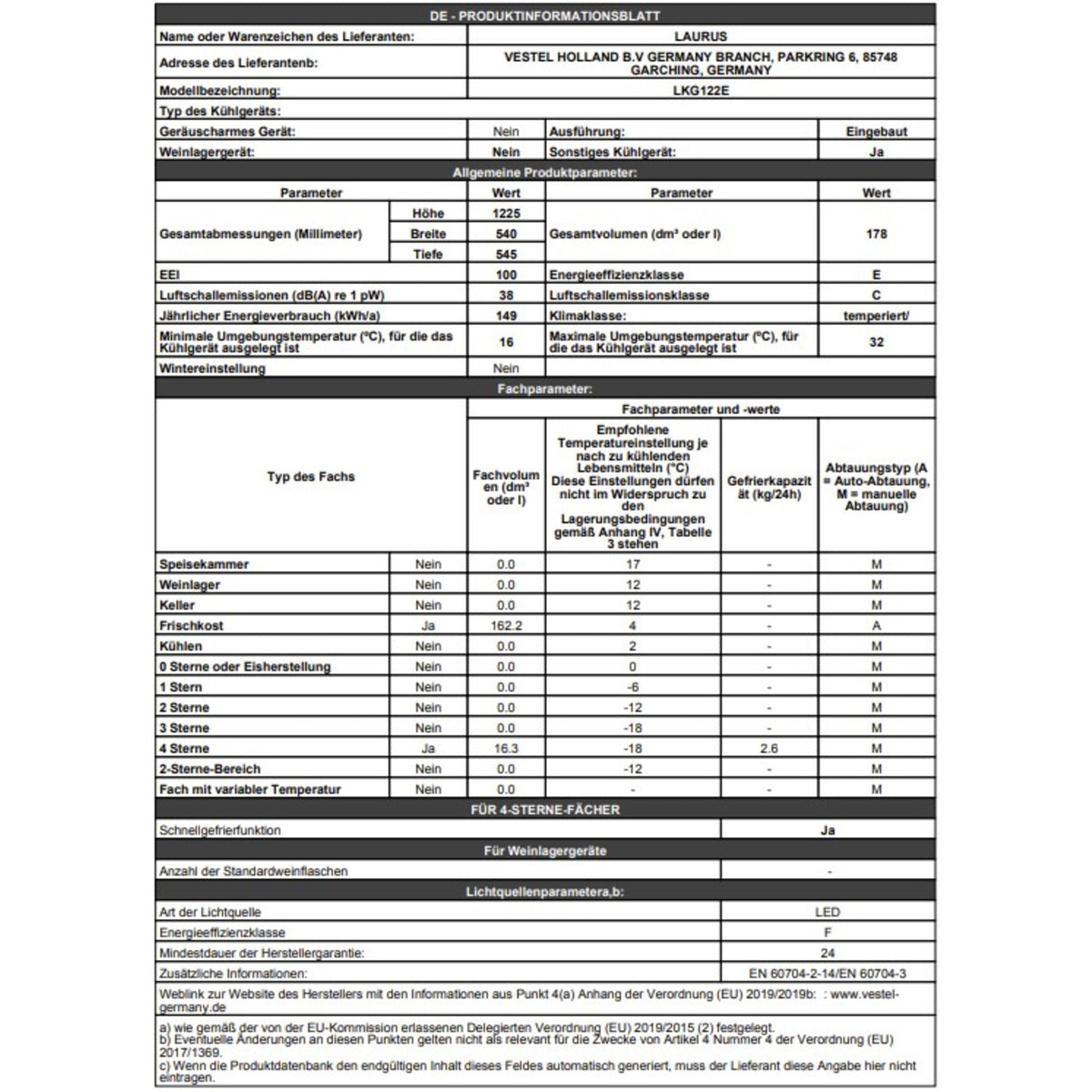 LAURUS LKG122E Einbau-Kühlschrank  Kühl-Gefrierkombination 60 cm 123 cm Nische Datenblatt