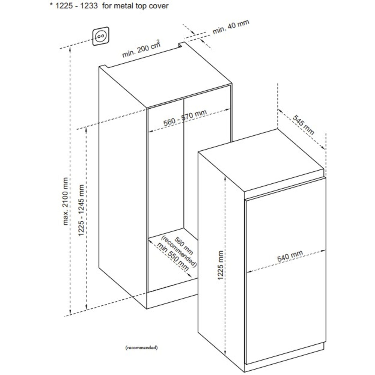 LAURUS LKG122E Einbau-Kühlschrank  Kühl-Gefrierkombination 60 cm 123 cm Nische Produktskizze