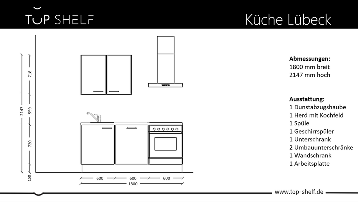 Vormontierte nobilia Miniküche "Lübeck" 180cm ohne E-Geräte &amp;  Zubehör Küchenzeile Küchenblock in Alpinweiß