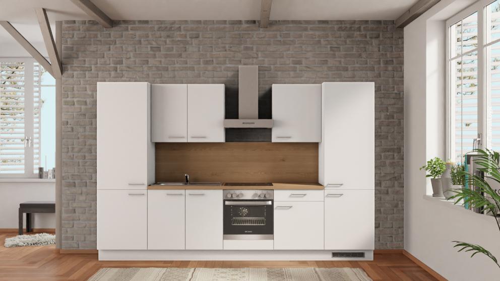 nobilia Appartementküche Ahaus 330 cm Alpinweiß matt Eiche Provence mit Kühlschrank & Backofen