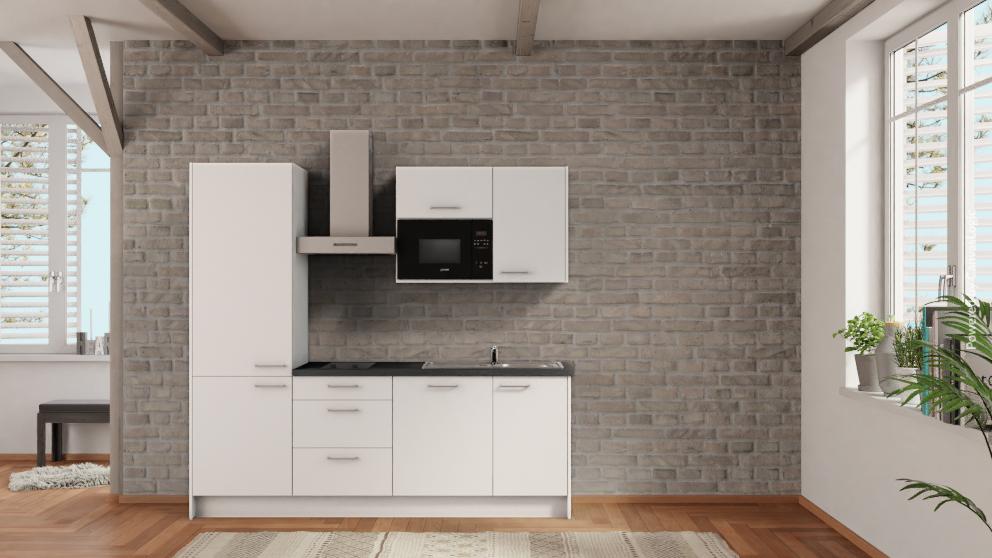 nobilia Büroküche Norderstedt 225 cm Weiß matt Beton Schiefergrau mit Kühlschrank &amp; Geschirspüler