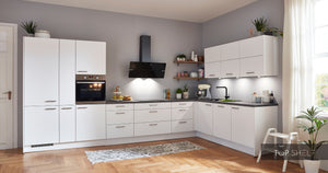 nobilia Einbau- L-Küche Berlin mit Einbaubackofen und Wandhaube in Glas schwarz, kopffrei