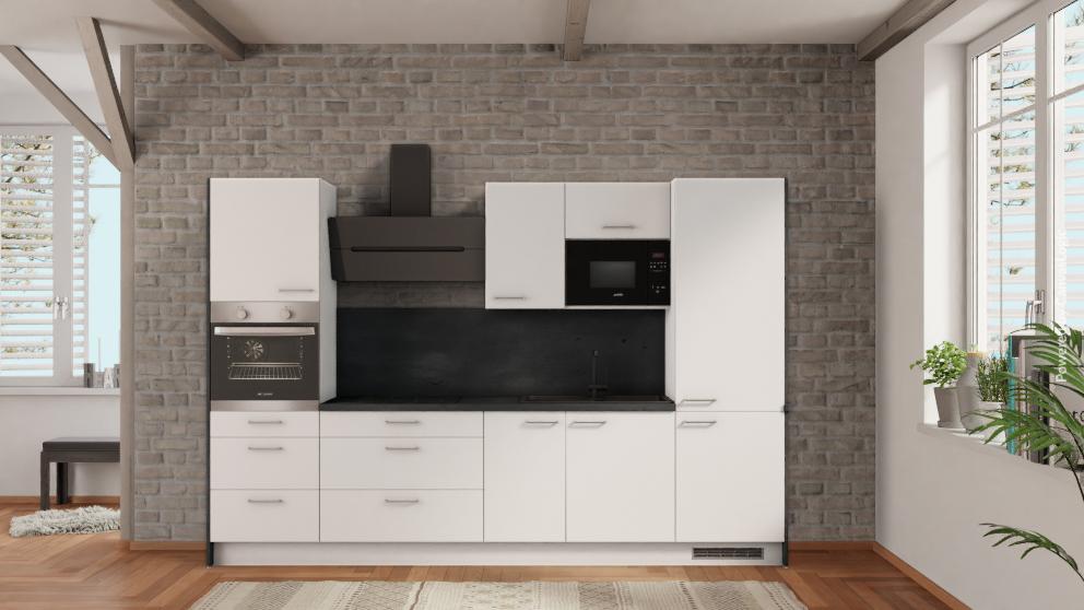 nobilia Komplettküche Goch 315 cm Weiß matt Beton Schiefergrau mit Backofen