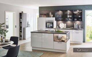 nobilia cocina con isla de cocina Flash 503 Alpinweiß alto brillo 300+180 cm configurable - - sin electrodomésticos / no