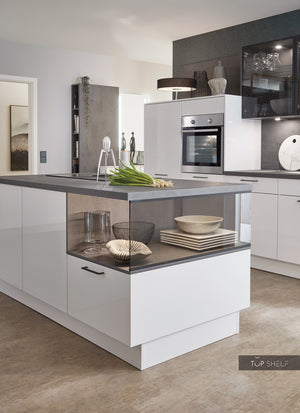 nobilia Küche Küchenzeile mit Kücheninsel Flash 503 Lacklaminat Alpinweiss Hochglanz 300+180 cm konfigurierbar mit E-Geräten Detail