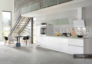 nobilia Küche Küchenzeile Focus 470 Lack Alpinweiß ultra-hochglanz Color Concept 038 Schilf 400cm konfigurierbar mit E-Geräten