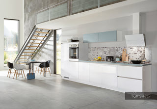 nobilia Kitchen Run Focus 470 Lacquer Alpine White Ultra-High Gloss Color Concept 254 Aqua Handleless 400cm Configurable - - Without Electrical Appliances & Accessories / no