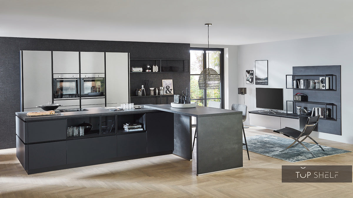 nobilia Küche mit Kücheninsel Inox 216 Lacklaminat Stahl gebürstet Nachbildung 240+280cm konfigurierbar mit E-Geräten