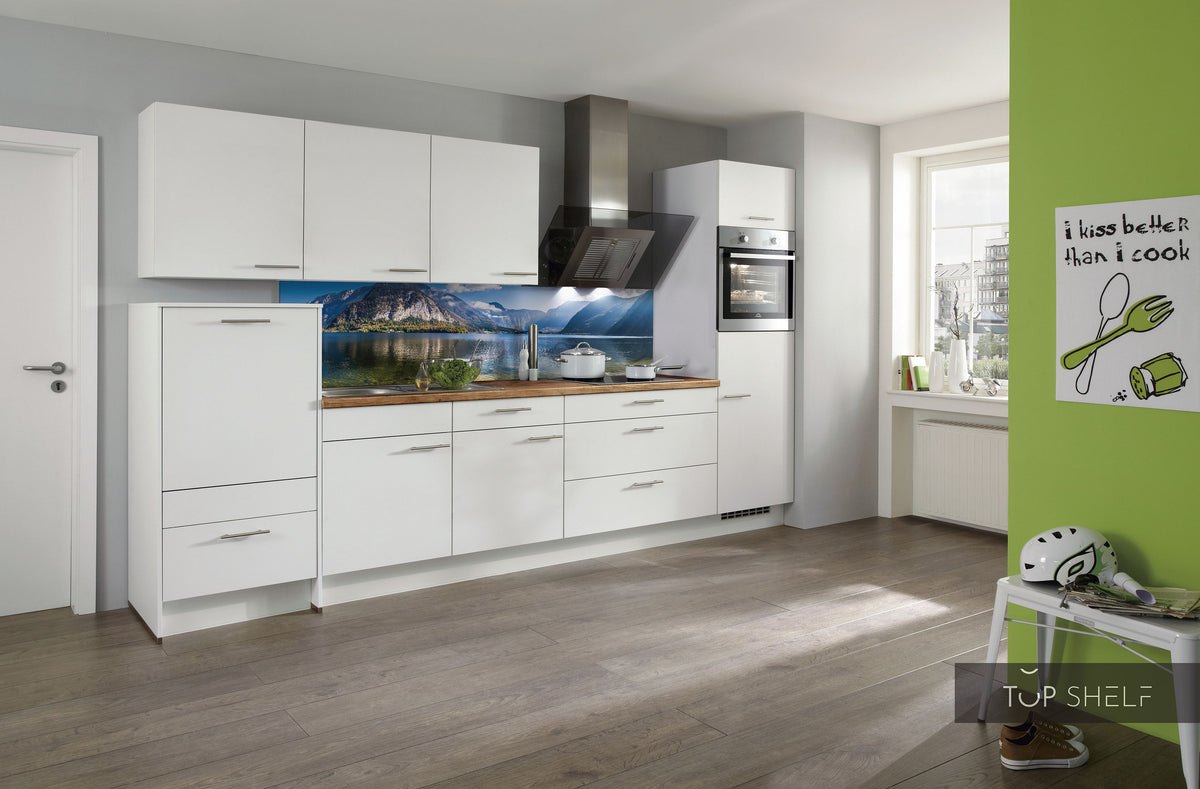 nobilia Küche Küchenzeile Laser 427 Alpinweiss Nischenverkleidung 561 Dekor Fjord 330 cm konfigurierbar mit E-Geräten