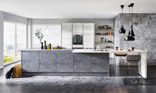 nobilia kitchen with kitchen island Riva 889 concrete slate gray handleless 420 + 270 cm configurable - - without Electrical Appliances / no