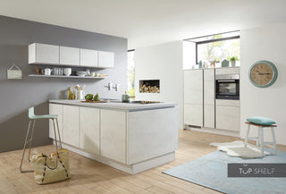 nobilia Küche mit Kücheninsel Riva 891 Weißbeton grifflos 245 x 110 + 150 cm -- - ohne Elektrogeräten / nein