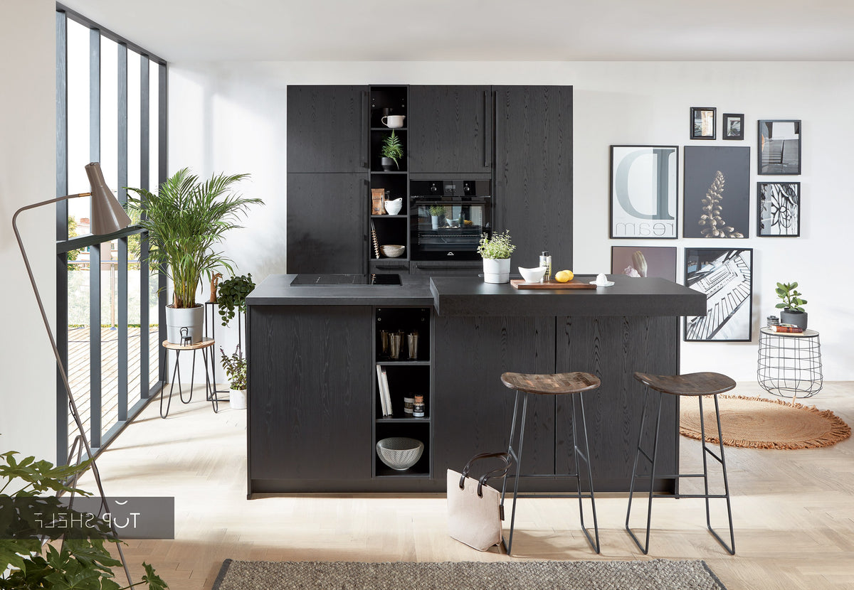 nobilia Inselküche Structura 403 Eiche Nero 210 + 210 cm konfigurierbar mit E-Geräten spiegelverkehrt