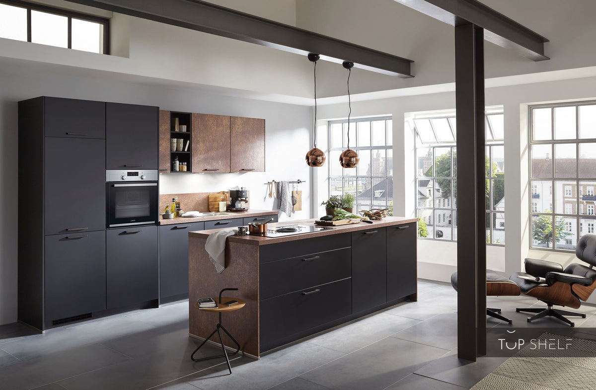 nobilia Küche mit Kücheninsel Touch 340 Color Concept Lacklaminat Schwarz supermatt / Ferro Bronze 240 + 300 cm konfigurierbar mit Elektrogeräten