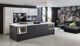 nobilia Cocina con isla de cocina Flash 503 Alpinweiss alto brillo 300 + 300 cm configurable - - sin electrodomésticos y accesorios / no