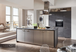 nobilia kitchen with kitchen island Speed 288 black concrete 250 + 180 cm configurable -- - without Electrical Appliances / mirrored