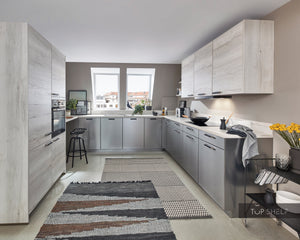 nobilia U-Küche Inox 216 Lacklaminat Stahl gebürstet Nachbildung 240x345x240cm konfigurierbar mit E-Geräte