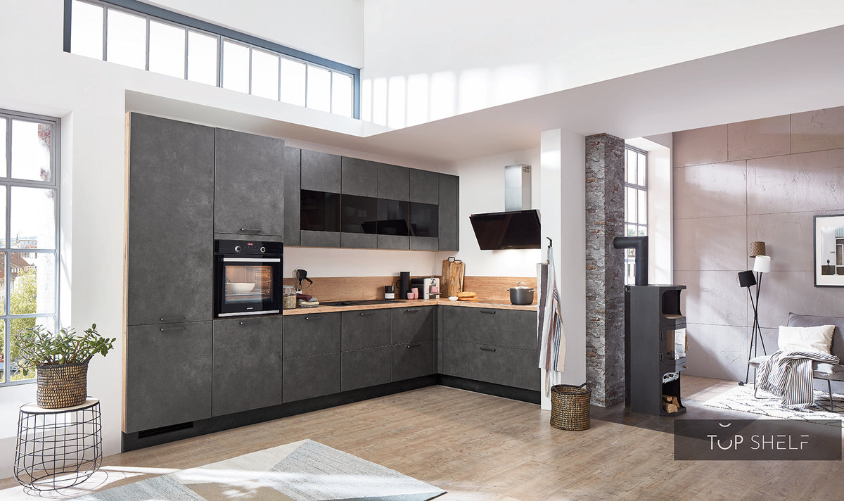nobilia Winkelküche Eckküche Riva 839 Beton Terragrau Nachbildung 365 x 185 cm Küche konfigurierbar mit Elektrogeräten