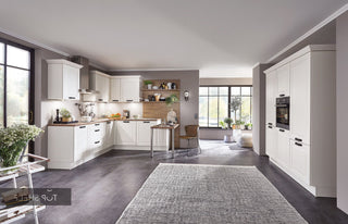 nobilia corner kitchen Sylt 849 lacquer Magnolia matt 250x250+180cm configurable - - without Electrical Appliances / mirrored