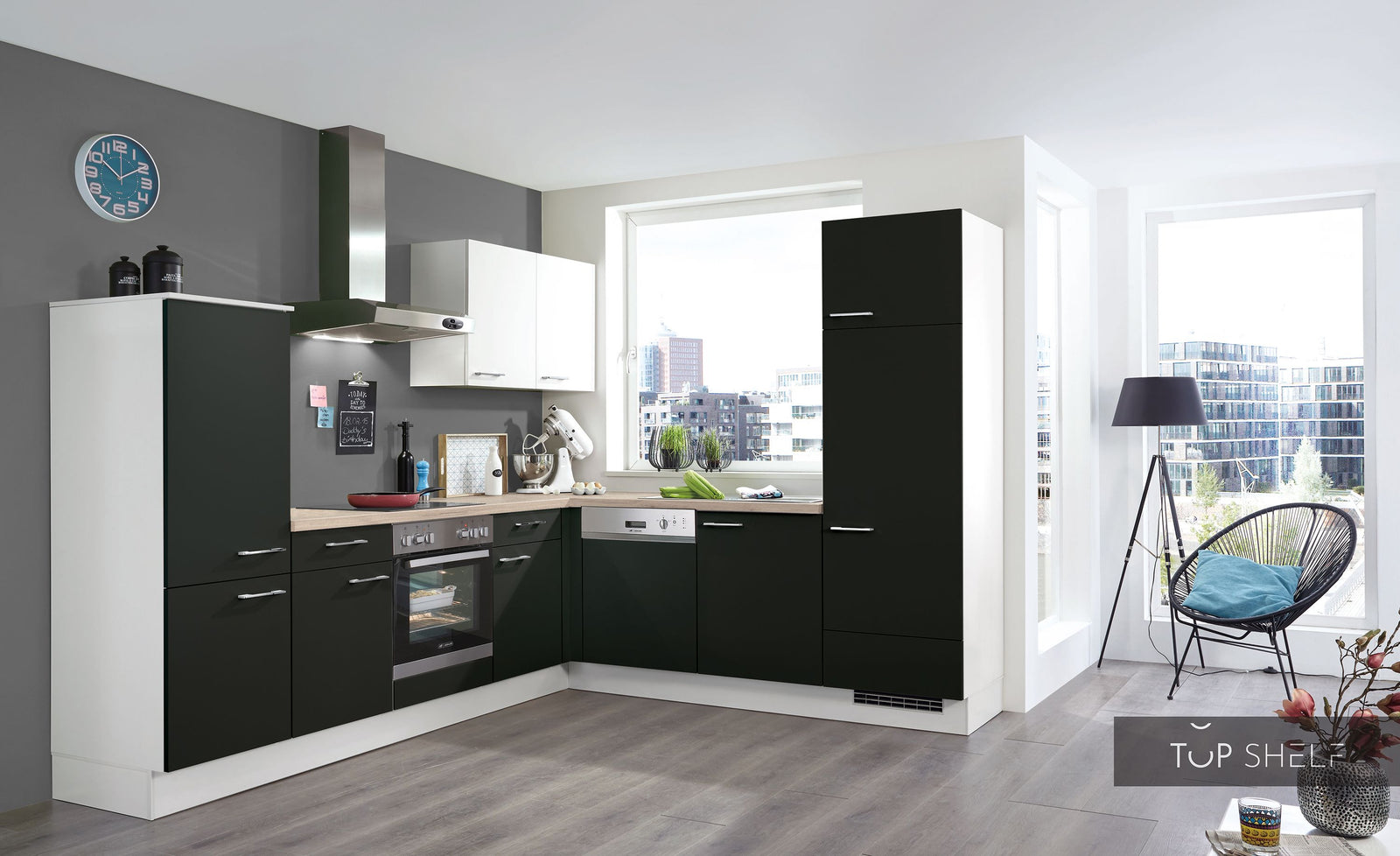 nobilia Winkelküche Eckküche Touch 340 Lacklaminat Schwarz supermatt 310x250 cm konfigurierbar mit E-Geräten mit Highboard spiegelverkehrt