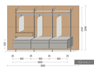 nobilia begehbarer offener Kleiderschrank Ankleiderzimmer 240 cm + 360 cm + 240cm Touch 341 Steingrau supermatt