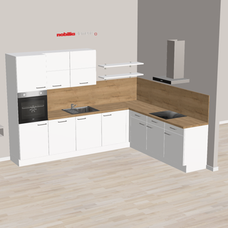 nobilia modern corner kitchen with lots of storage and plenty of space for cooking Wunstorf 305 x 245 cm white matte light oak built-in oven, sink with faucet, independent cooktop and wall hood