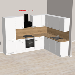 nobilia Cuisine d'angle Albstadt 305 x 230 cm Blanc alpin Chêne Sierra avec électroménager et hotte télescopique