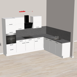 nobilia Hoek-Keukenopstelling met hoog ingebouwde oven en liftdeur magnetron Kaarst 305 x 245 cm Alpinwit Betongrijs Leisteen Afzuigkap modern design, oven hoog ingebouwd, autarke kookplaat