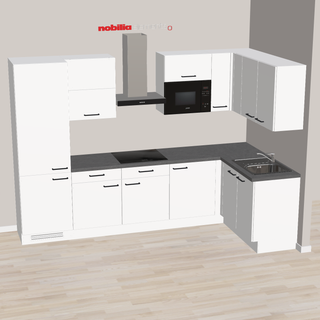 nobilia cocina familiar en L, bonita, luminosa y funcional, Kirchheim 305 x 155 cm, blanco mate, hormigón, gris pizarra, parcialmente con electrodomésticos