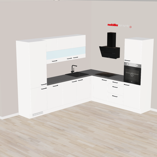 nobilia Cocina en L Coburg 305 x 245 cm blanco supermate efecto hormigón equipamiento interesante muebles altos con cristal - parcialmente con electrodomésticos
