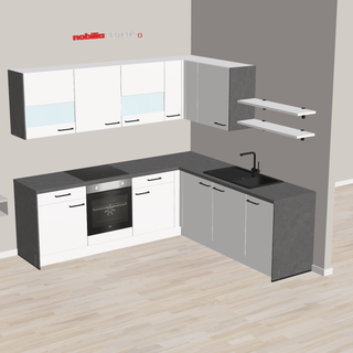 nobilia en forma de L con fregadero SCHOCK Christalite de diseño moderno Erkrath 247 x 232 cm blanco mate gris hormigón con fregadero y grifo modernos y parcialmente equipada con electrodomésticos independientes