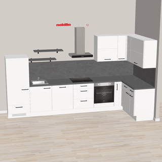 nobilia L-keuken Aurich 308 x 155 cm Alpinewit Beton moderne uitrusting met deels elektrische apparatuur