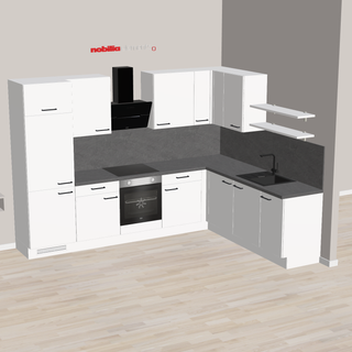 nobilia Cocina en L moderna Lehrte 305 x 230 cm blanco supermate encimera gris pizarra con campana extractora inclinada, horno, placa de cocción autónoma