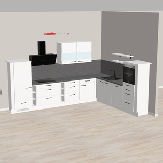 nobilia L-kitchen ample storage space with highboard - many pull-outs and drawers Leinfelden-Echterdingen 375 x 285 cm Alpine White Supermatt Slate Grey Concrete raised built-in oven and 90cm angled extractor hood Franke sink Carbon Tectonite equipment