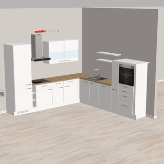 nobilia L-keuken budgetvriendelijk en compact Pirmasens 305 x 312 cm wit mat houtkleuren jong design voor het kleine gezin en apothekerskast - deels inclusief elektrische apparaten