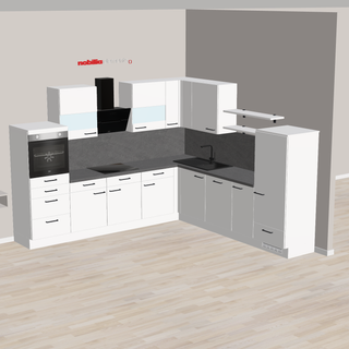 nobilia L-Kitchen Modern with Highboards Rottenburg 305 x 290 cm Alpine White Supermatt Concrete Slate Oven Integrated at Height, Angled Hood for Headroom Black Glass