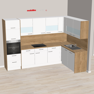 nobilia L-shaped kitchen with warm wood tones Hückelhoven 308 x 187 cm Alpine White Supermatt Sierra Oak high-built oven and lift door for free-standing microwave