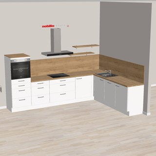 nobilia Cuisine en L avec de nombreux tiroirs et coulissants Dreieich 335 x 245 cm blanc mat chêne Sierra avec four et grand espace de cuisson