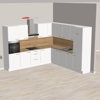 nobilia L-Shape Kitchen Line Gotha 305 x 290 cm White Matt Oak Sierra with Appliances such as Wall Hood Hob and Oven