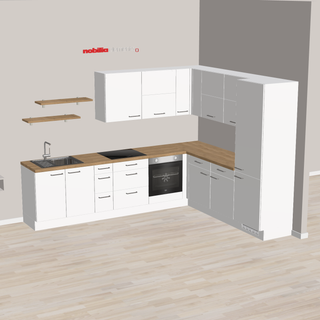 nobilia Beautiful L-shaped kitchen unit for modern living Ansbach 305 x 245 cm Alpine white matte oak, partially with electrical appliances, sink and tap