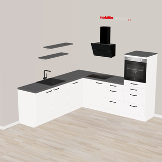 nobilia cocina en esquina en diseño luminoso y acogedor Nürtingen 245 x 245 cm blanco alpino mate encimera gris fregadero Carbon equipamiento y grifo monomando Live con rociador, grifería negro mate