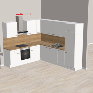nobilia cuisine d'angle Weinheim 245 x 290 cm blanc alpin mat avec plan de travail chaleureux et appareils tels que hotte murale, four, table de cuisson